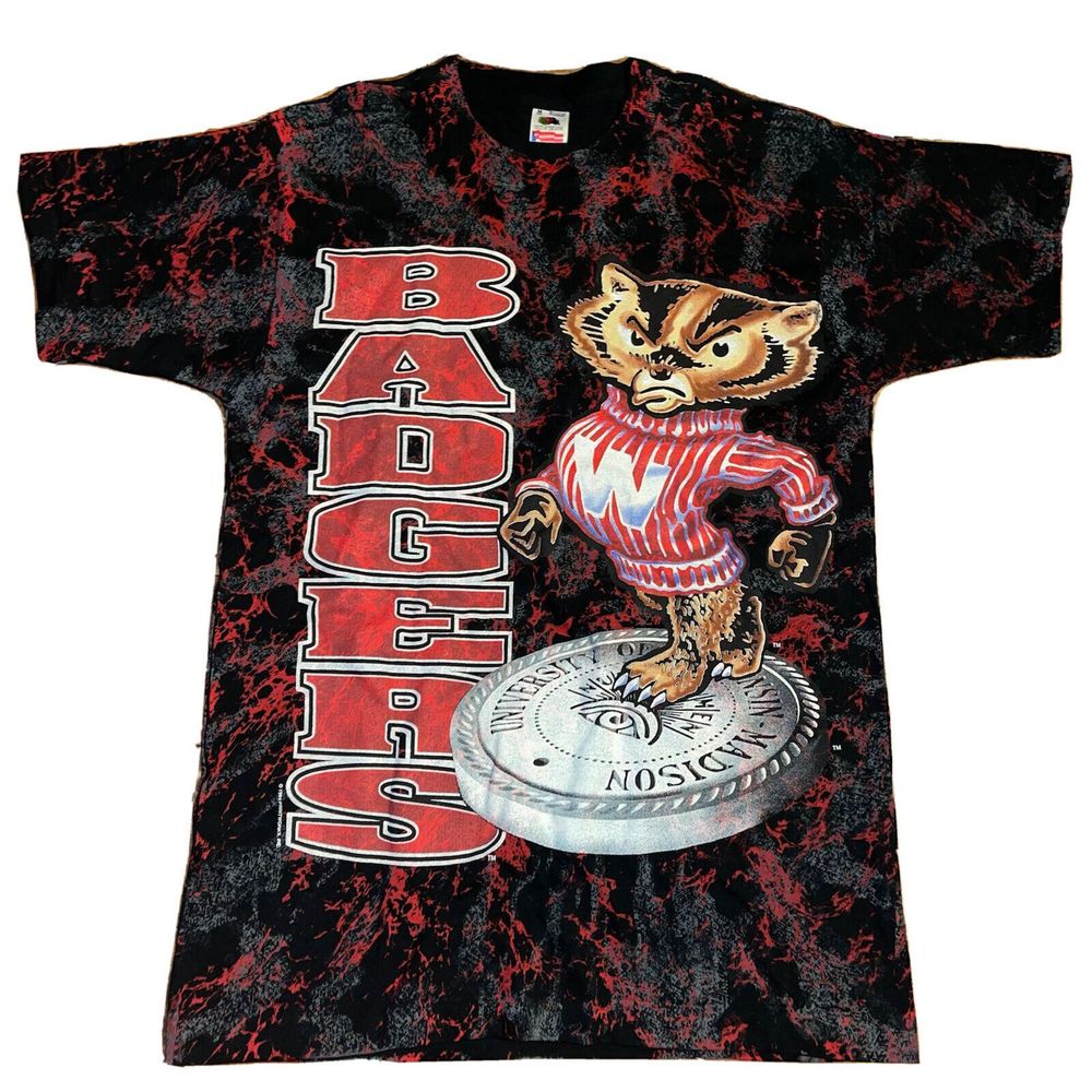 Vintage Wisconsin Badgers 1994 All Over Print Tie Dye T-Shirt RARE Size Medium